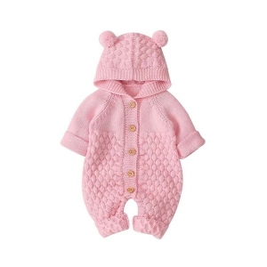 Full-length view of the pink long-sleeve knitted snowsuit with pompom hood for girls.
