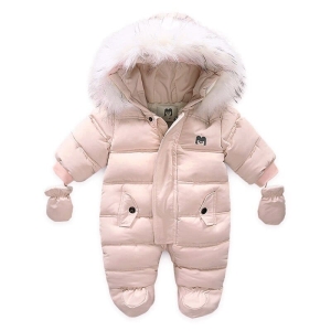 Combi-pilote à capuche fourrure rose, avec deux gants accrochés