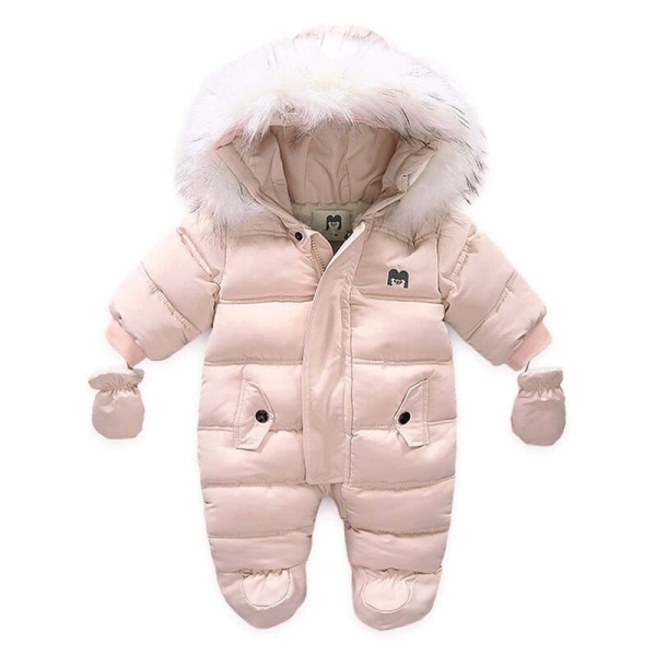 Girls' Hooded Winter Snowsuit in pink, on a white background – a fun and playful gift for girls from Little Pirates.