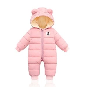 Front view of the rose pink padded hooded snowsuit for baby girls, warm and stylish.