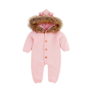 Pink knitted all-in-one snowsuit for girls with long sleeves and faux fur hood.
