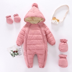 Pink all-in-one snowsuit with matching gloves and socks for baby girls, warm and complete.
