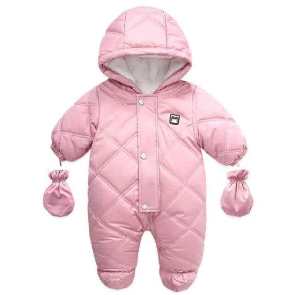 Pink long-sleeve all-in-one snowsuit with integrated gloves for baby girls, warm and stylish.
