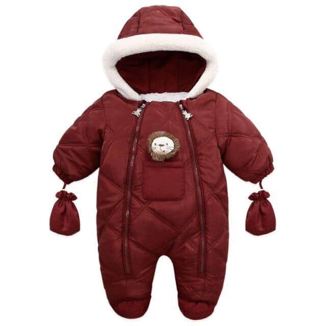 Full view of the winter all-in-one snowsuit with gloves for baby girls in warm fabric.