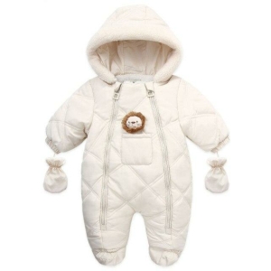 Detail of the gloves and hood on the comfortable winter snowsuit for baby girls.