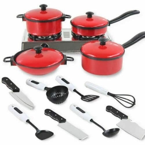 13-Piece Play Kitchen Utensil Set for Girls in red and white, on a white background – a fun and playful gift for girls from Little Pirates.