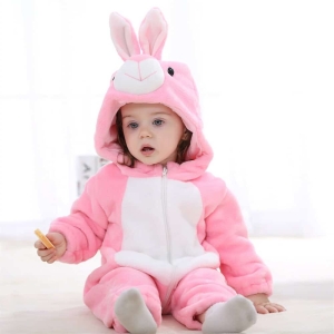Full outfit view of the cute bunny-themed pink and white snowsuit for baby girls.