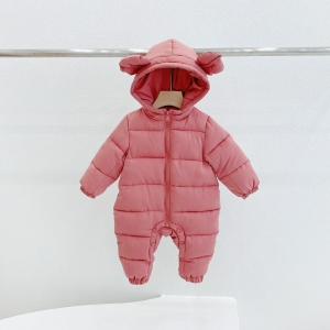 Front view of the hooded all-in-one snowsuit for little girls in soft winter fabric.