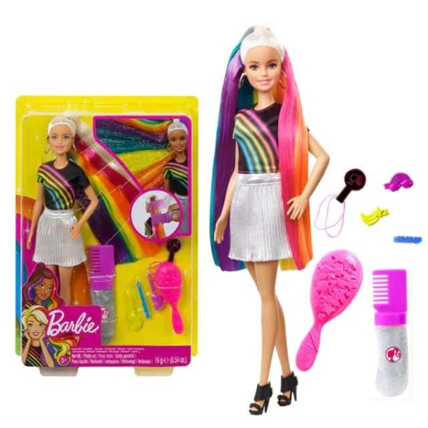Close-up of the rainbow hair and outfit on the trendy fashion doll for girls.