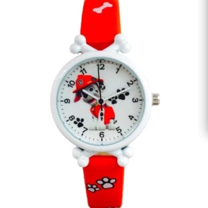 Side view of the red Chase Paw Patrol girls watch showing the sturdy strap and bright colours.