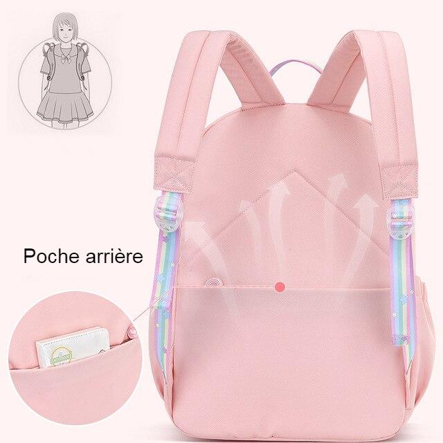 Detail view of the Girls' School Backpack in blue and pink, showing all available colours and features – Little Pirates Ireland.
