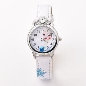 Elsa Frozen Girls' Quartz Watch in white shown in a child's bedroom – stylish and cosy choice for girls from Little Pirates.