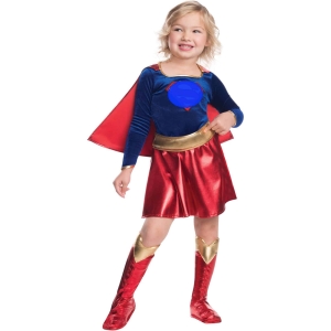 Supergirl Costume for Girls, modelled by a young girl – a fun and playful gift for girls from Little Pirates.
