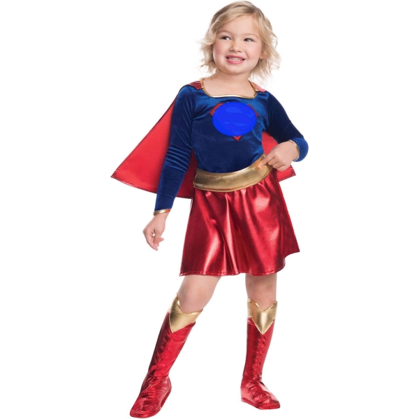 Supergirl Costume for Girls, modelled by a young girl – a fun and playful gift for girls from Little Pirates.