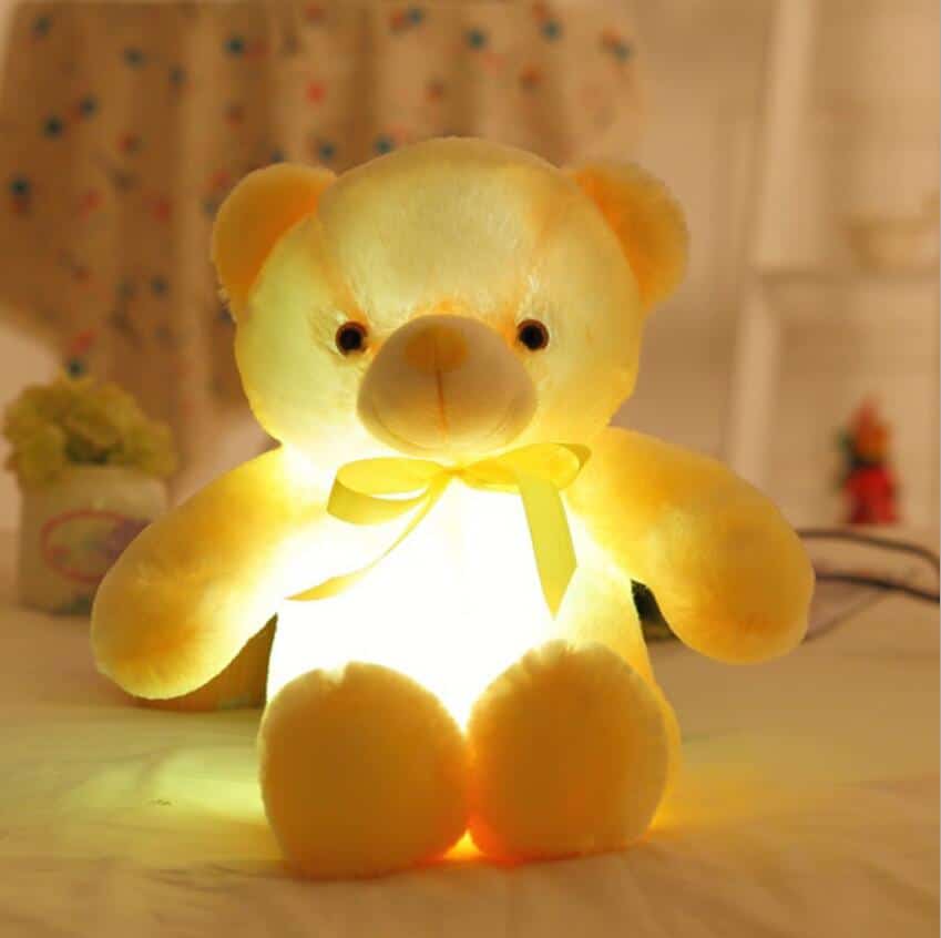 Detail view of the LED Light-Up Teddy Bear Plush Toy for Girls, showing all available colours and features – Little Pirates Ireland.