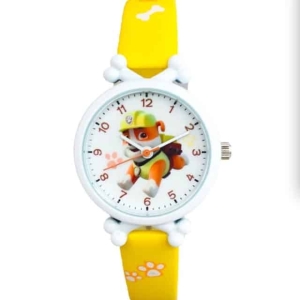 Full view of the yellow and white Rubble Paw Patrol girls watch with comfortable buckle strap.