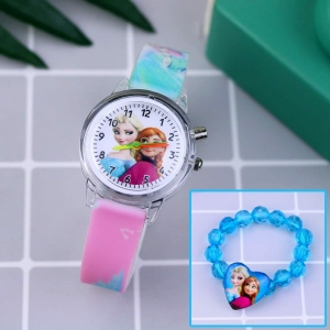 Detail view of the Frozen Watch with Bracelet for Girls in blue and pink, showing all available colours and features – Little Pirates Ireland.