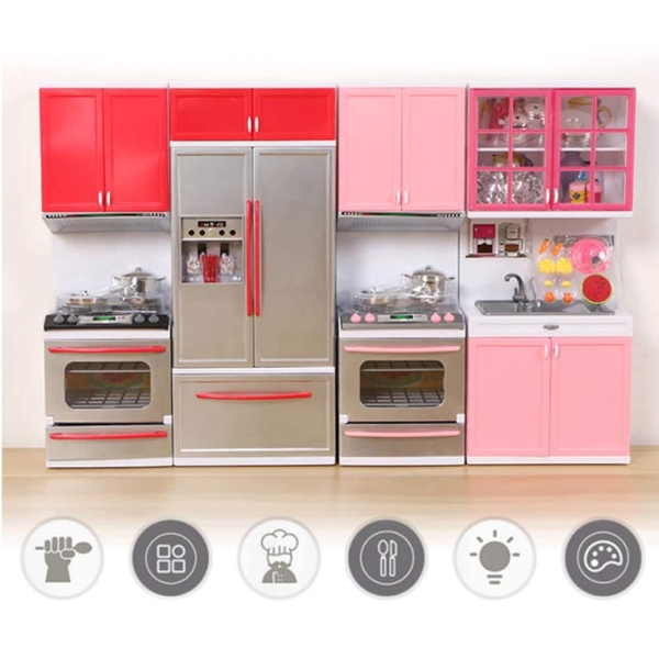 Dollhouse Kitchen Furniture Set for Girls in red and pink, on a white background – a fun and playful gift for girls from Little Pirates.