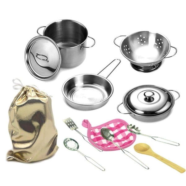 Detail view of the Girls' Mini Stainless Steel Kitchen Tools Set, showing all available colours and features – Little Pirates Ireland.