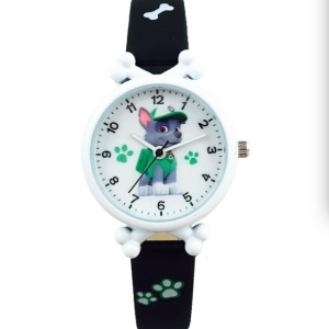 View of the black-and-white Rocky Paw Patrol girls watch highlighting the comfortable strap and buckle.