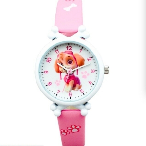 Full view of the pink Skye Paw Patrol girls watch with white strap and secure buckle.