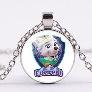 Close-up of the silver Paw Patrol Everest round pendant necklace, showcasing the character artwork.