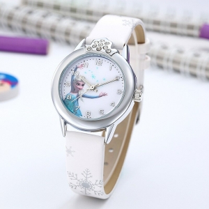 Side view of the white Elsa Snow Queen watch for girls, showing the strap and watch profile detail.