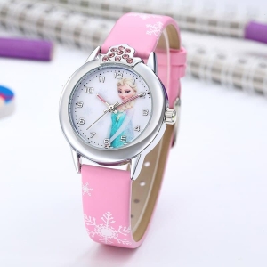 Full view of the pink Elsa diamante watch for girls, showing the glittering strap and watch face.