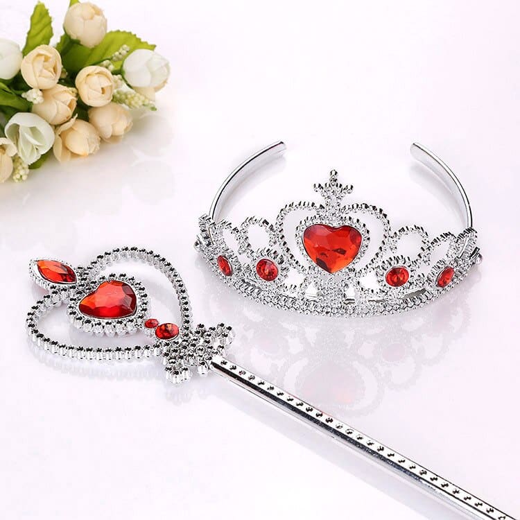 Full display of the Frozen princess crown and magic wand set for girls with a floral bouquet alongside for a fairy-tale touch.