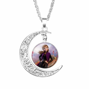 Full view of the silver Anna from Frozen moon pendant necklace, showing the character portrait and pretty jewellery detail.