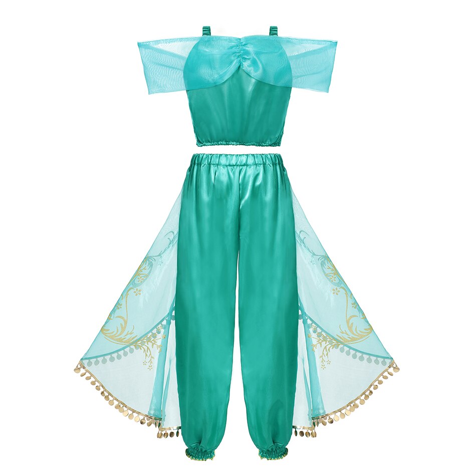 Close-up of Disney Princess Jasmine costume showing gold trim and accessories for girls.