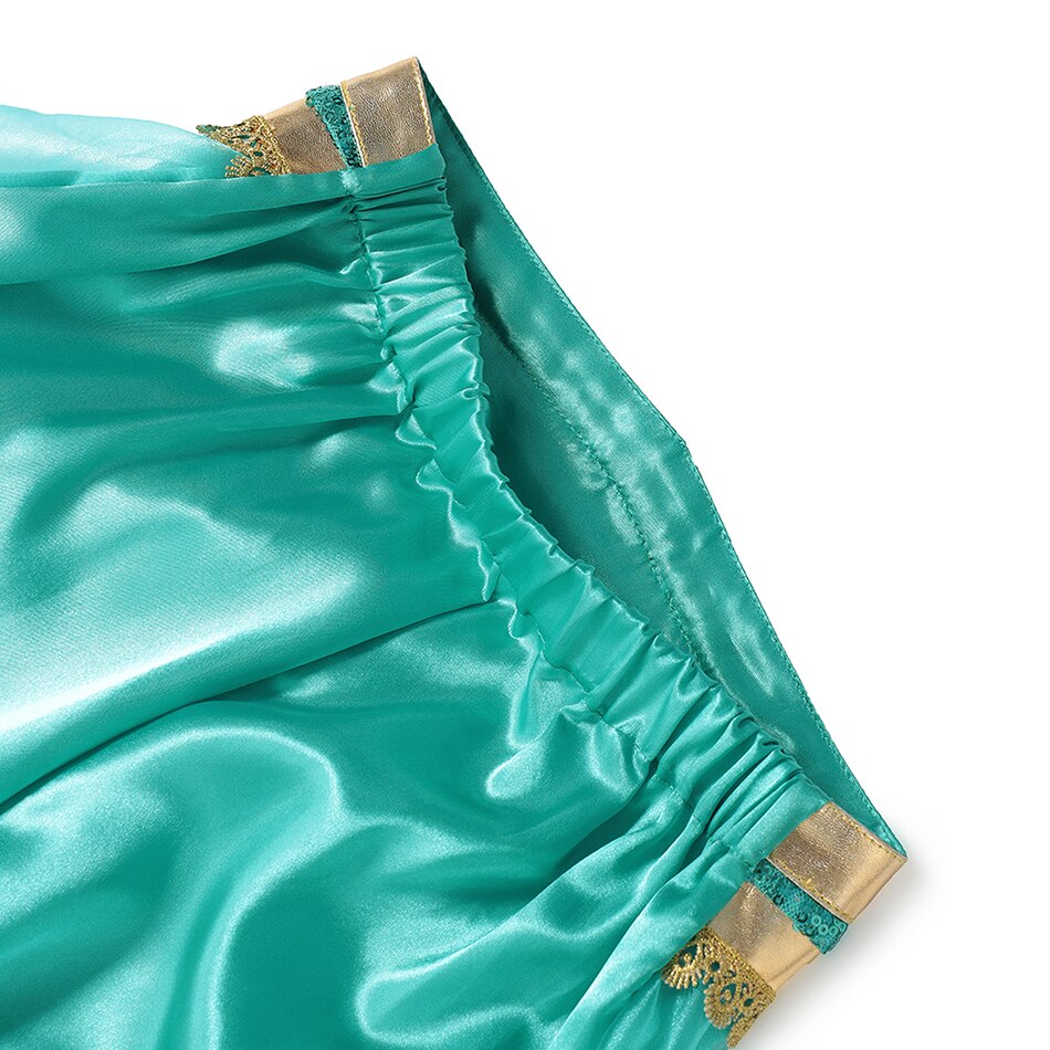 Front view of the Disney Princess Jasmine costume in teal and gold for girls' dress-up.