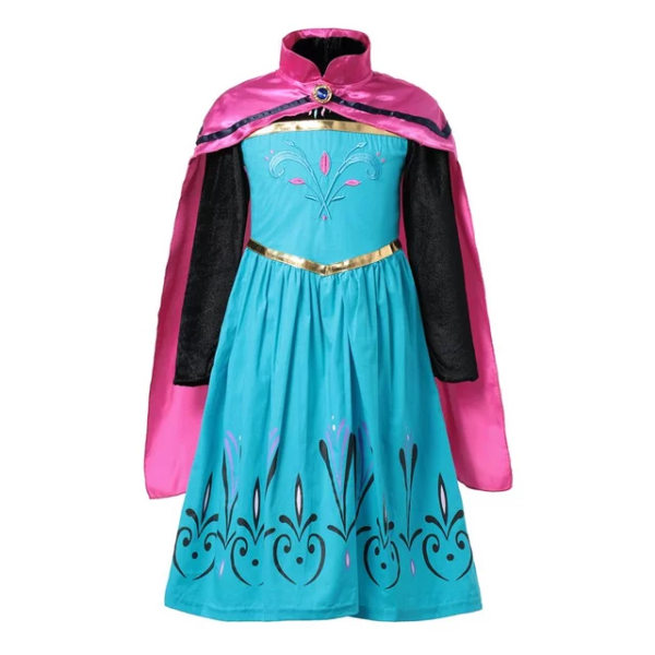 Elsa Frozen fancy-dress costume with glittery cape for girls on a white background.
