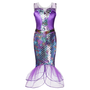 Detail view of the Girls' Shimmering Purple Ariel The Little Mermaid Costume in white and purple, showing all available colours and features – Little Pirates Ireland.