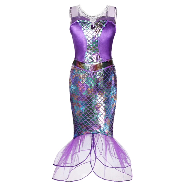 Detail view of the Girls' Shimmering Purple Ariel The Little Mermaid Costume in white and purple, showing all available colours and features – Little Pirates Ireland.