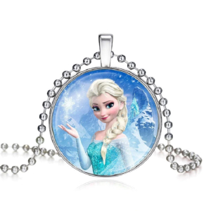 Close-up of the round Elsa Frozen pendant necklace, showing the charming character artwork and silver finish.