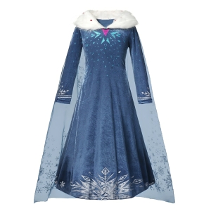 Disney Frozen Elsa princess dress for girls with shimmer fabric on a white background.