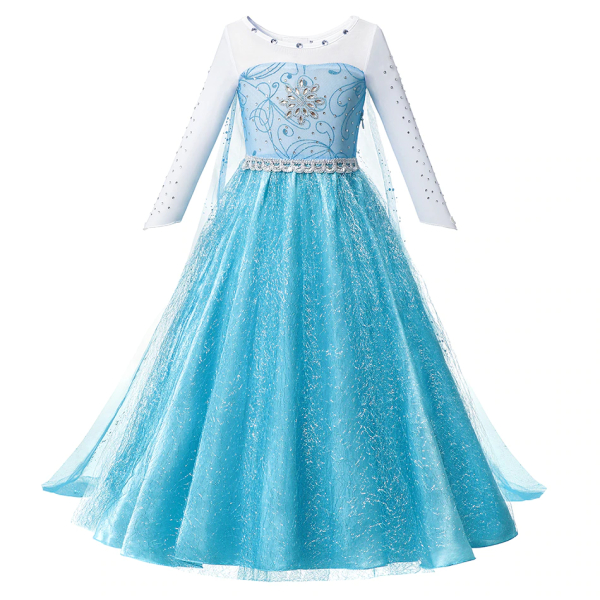 Frozen Long-Sleeve Blue Princess Dress for Girls – Elsa Style Long-sleeve blue Frozen princess dress for girls with sequin details on white background.