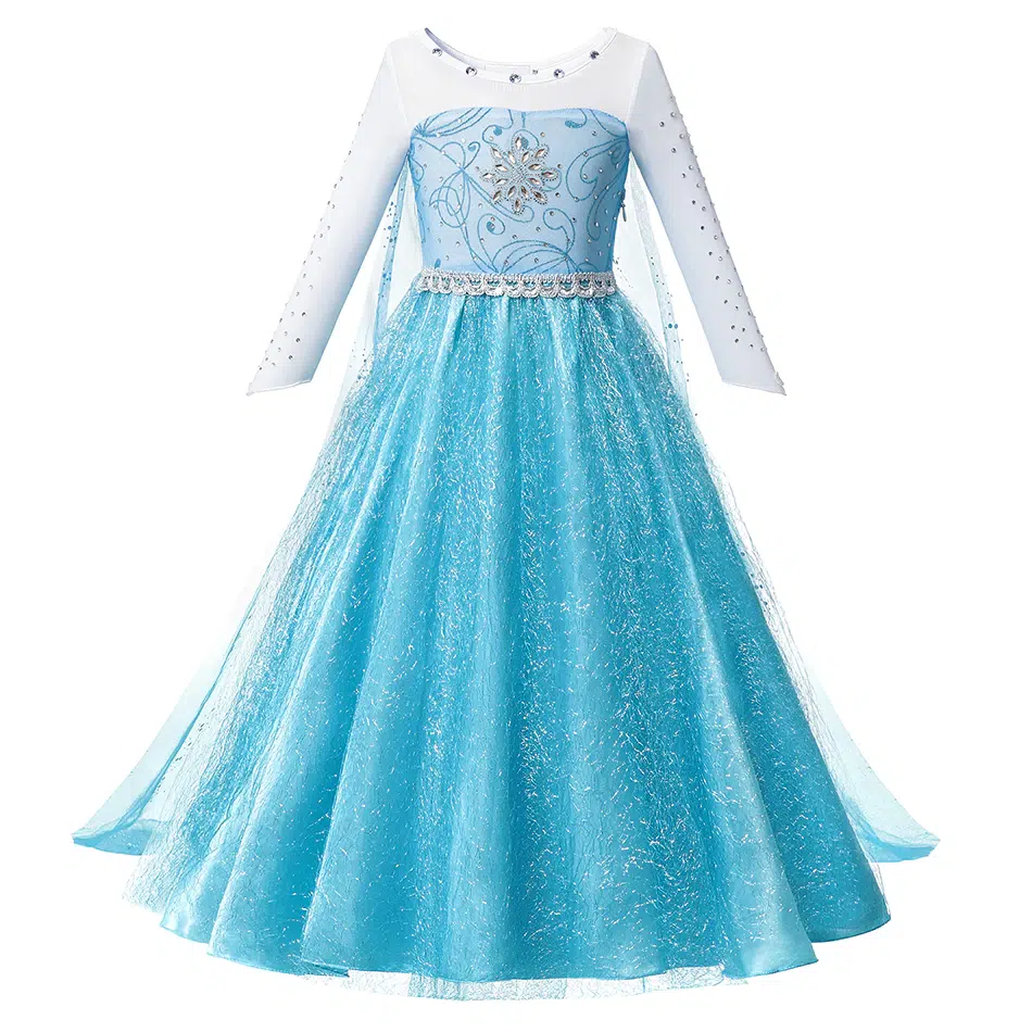 Long-sleeve blue Frozen princess dress for girls with sequin details on white background.
