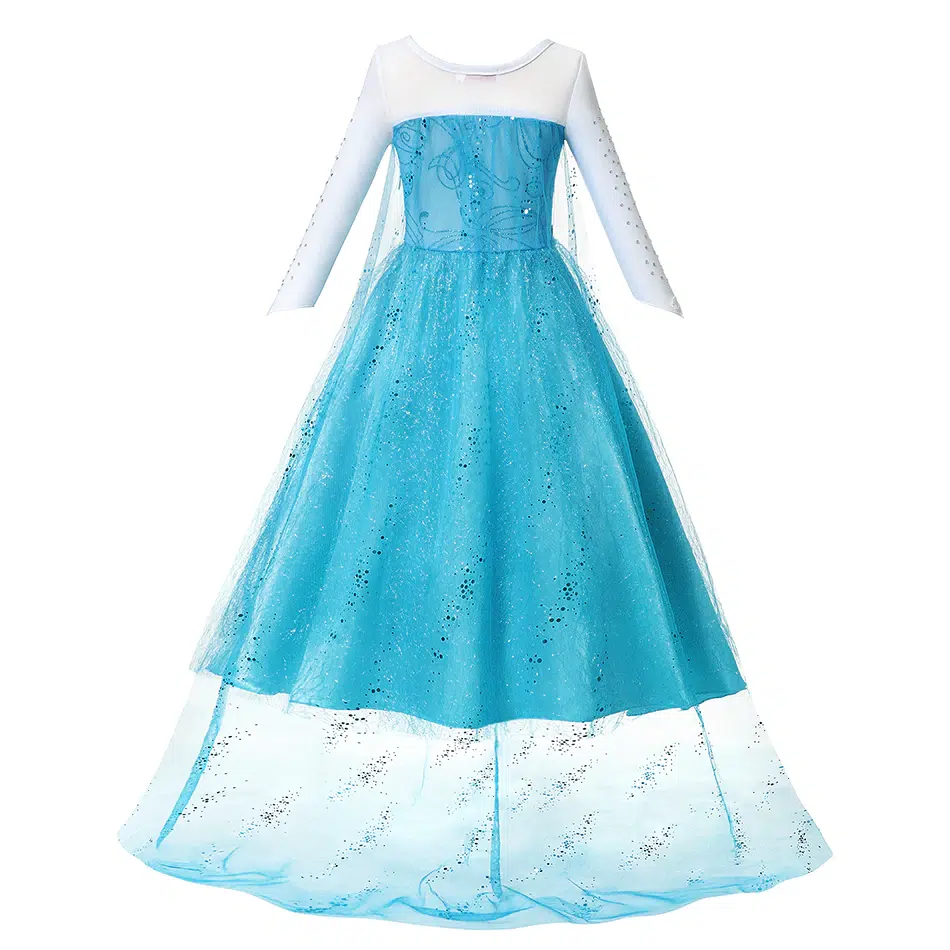 Front view of long-sleeve blue Frozen princess dress for girls with sparkling bodice.