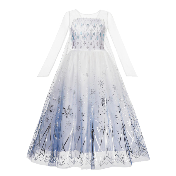 Disney Princess Elsa dress with blue snowflake details for girls on a white studio background.