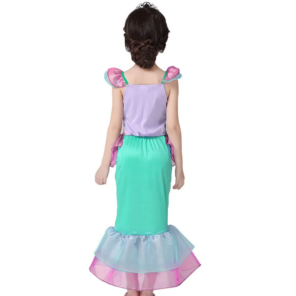 Detail view of the Ariel The Little Mermaid Ruffle Dress Costume for Girls, showing all available colours and features – Little Pirates Ireland.