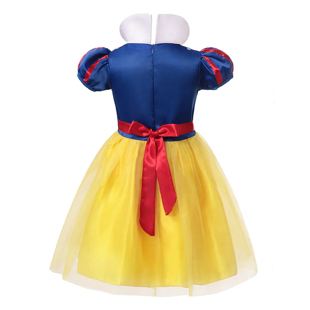 Full-length view of the Snow White princess fancy-dress costume for girls in yellow and blue.