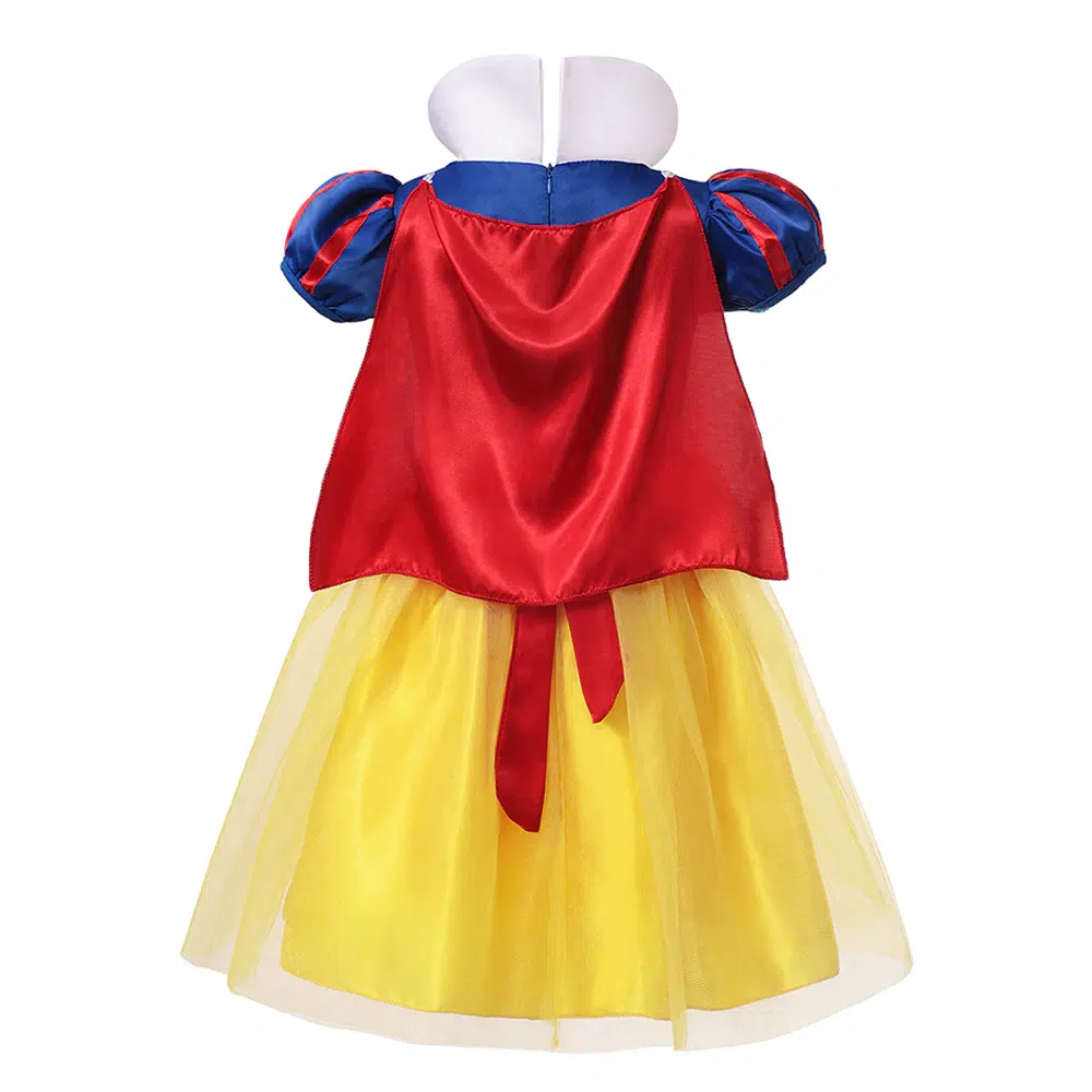 Close-up of the iconic blue and yellow bodice and red bow on the Snow White princess dress.