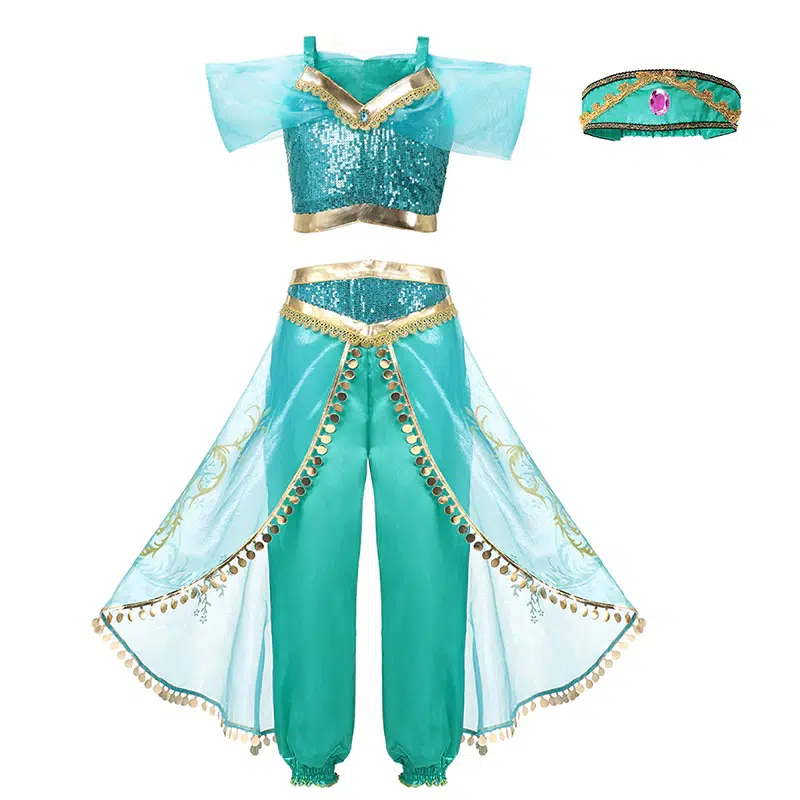 Princess Jasmine Disney fancy-dress costume for girls displayed on a white background.