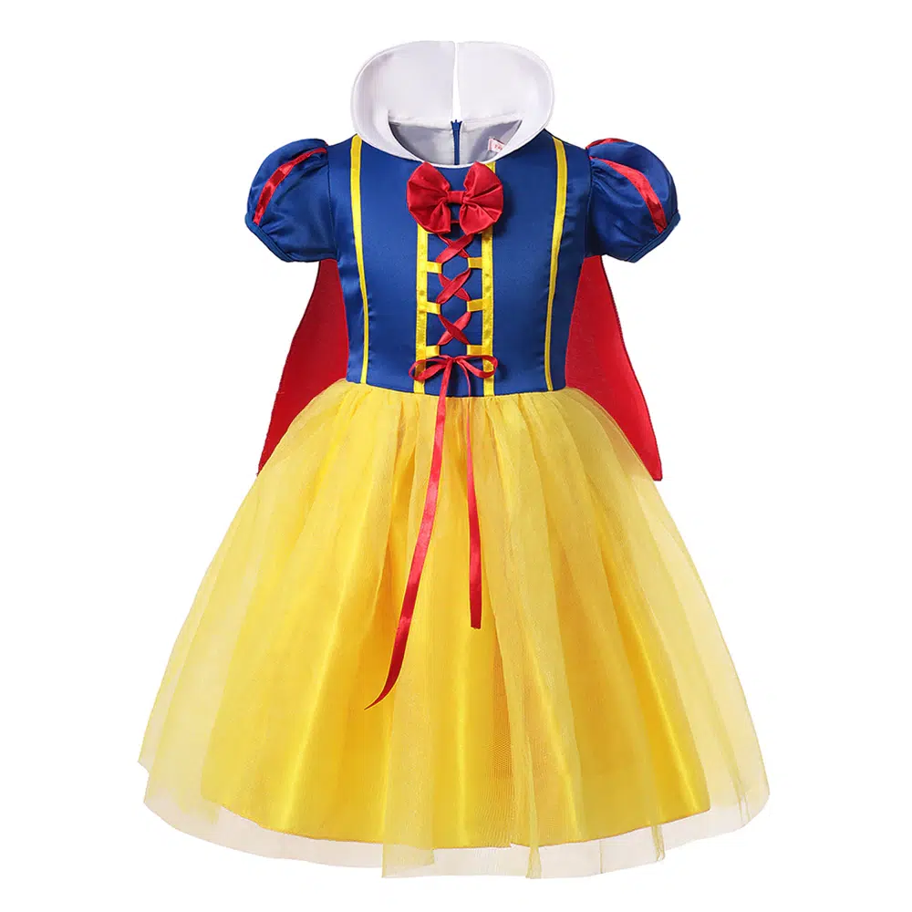 Snow White Disney princess dress for girls on a white background, classic yellow and blue design.