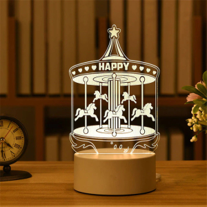 Close-up of the 3D merry-go-round LED night light glowing in a girl's bedroom.