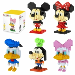 Assembled Disney character figures from the build-your-own set, featuring Mickey, Minnie, Donald, Daisy, and Pluto for playful fun.
