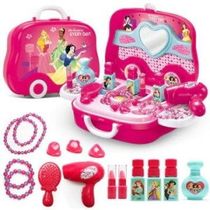 Close-up of the accessories included in the princess make-up case for girls, including jewellery and cosmetics.