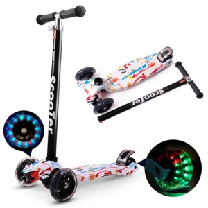 Full product shot of the three-wheel LED scooter displayed on a white background for girls.